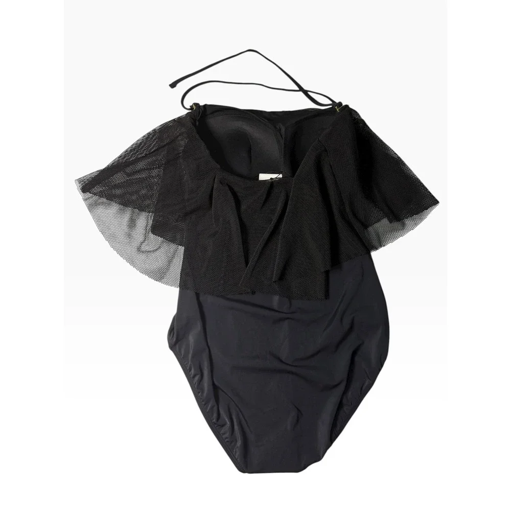 Hermoza Black Mesh Ruffle Off The Shoulder‎ One Piece Swimsuit Size 8 NEW